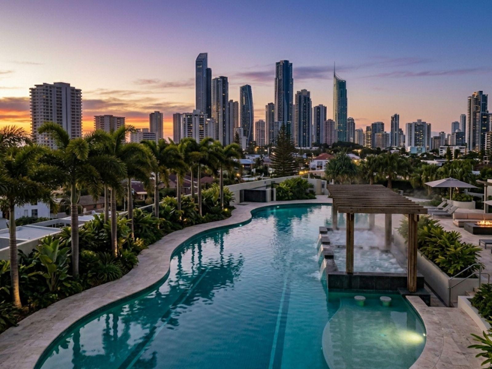 Aerial profile at dusk — zero-depth beach entry and spa